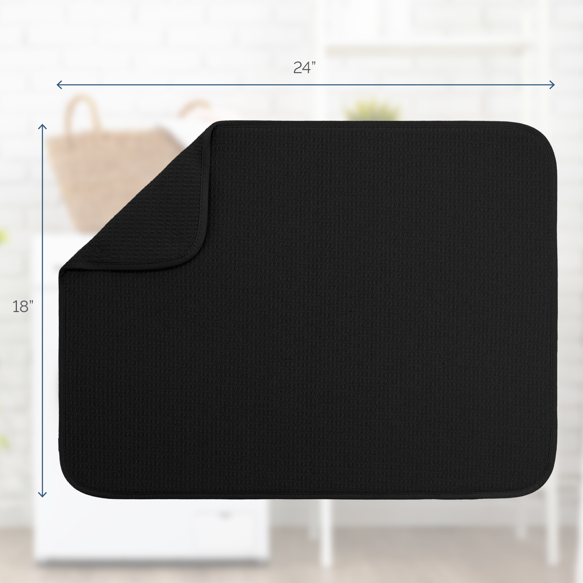 black XL dish drying mat measuring 16 inches x 18 inches