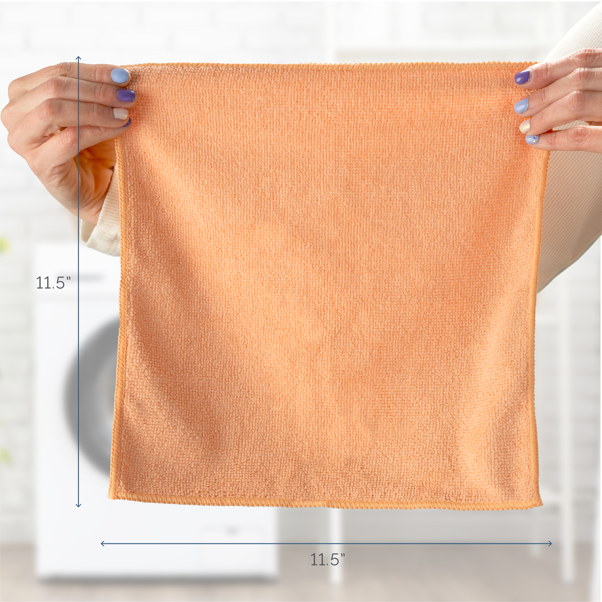 Microfiber cleaning cloth being held to show it's 11.5" x 11.5" size