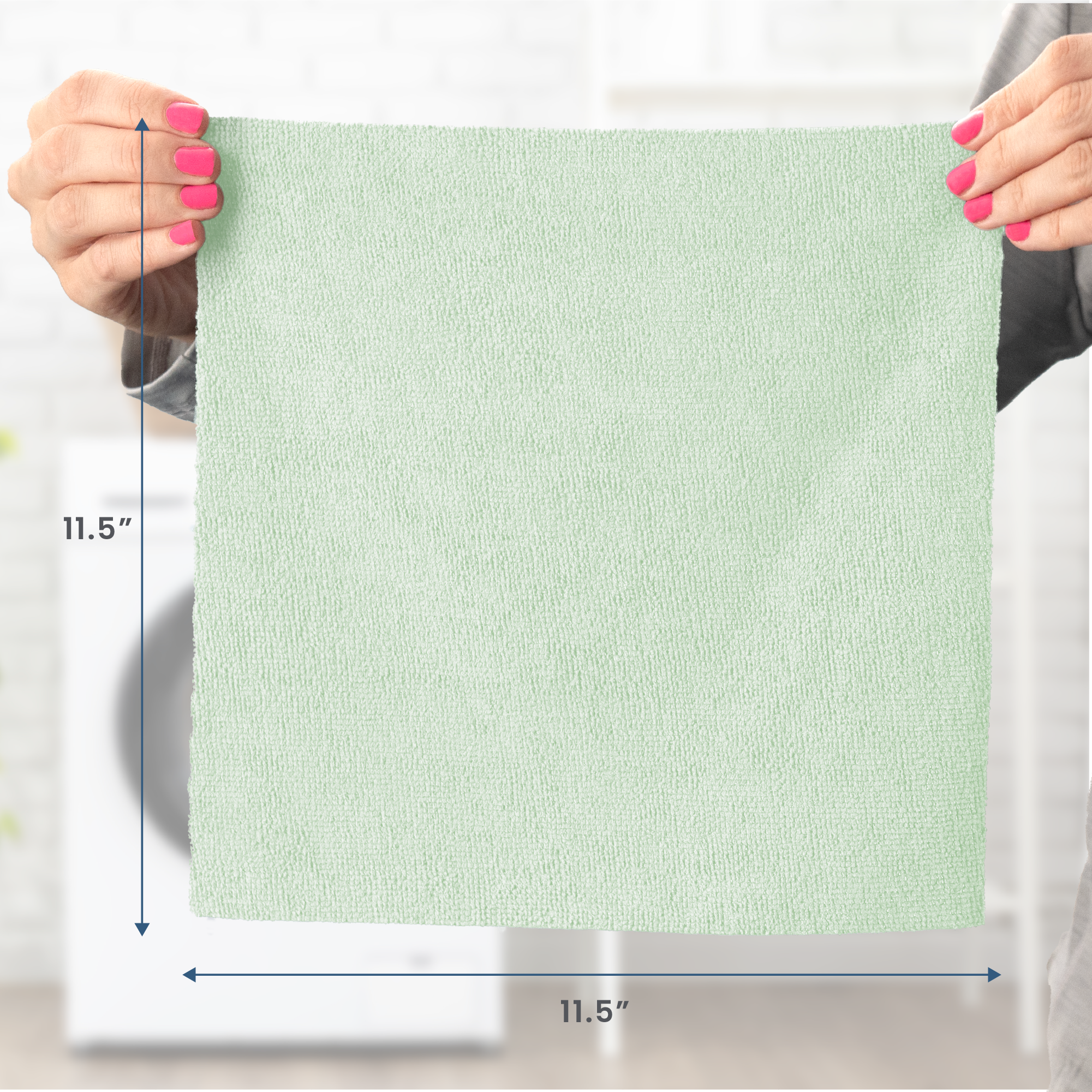 Microfiber cleaning cloth being held to show it's 11.5" x 11.5" size