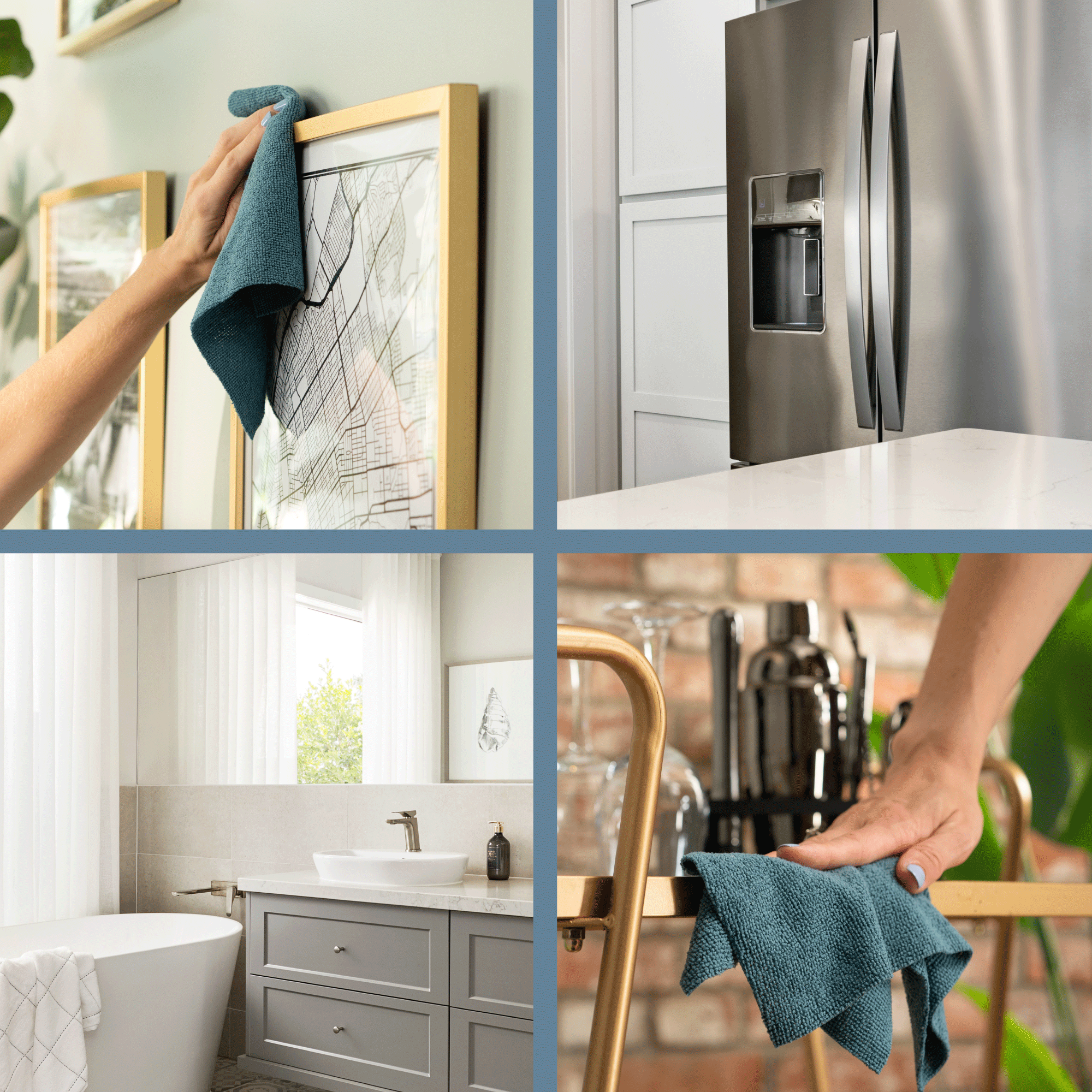 Collage of cleaning activities in different rooms because microfiber cleaning cloths are multi-purpose.
