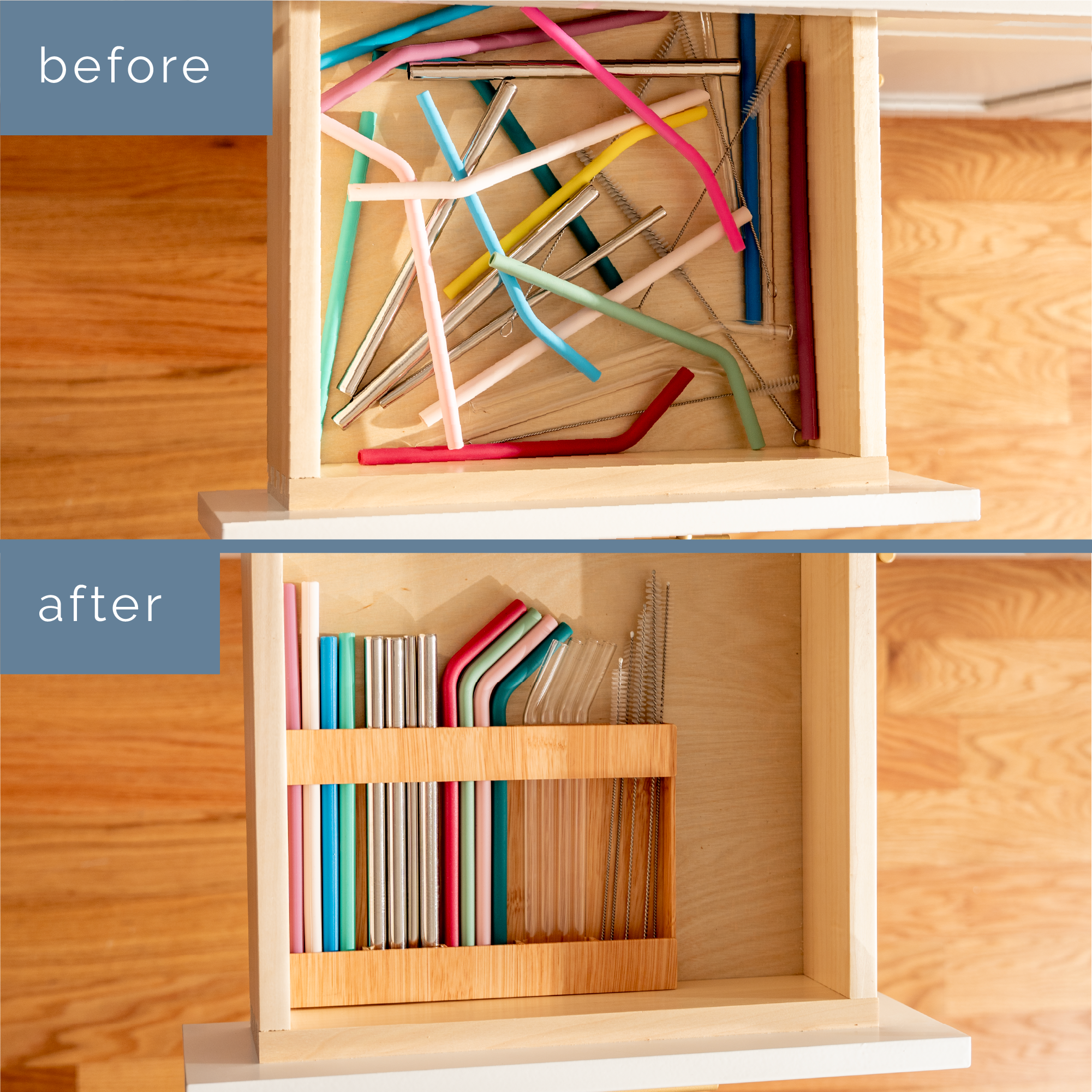 Comparison of a messy drawer of straws before and after organization into a plastic straw organizer