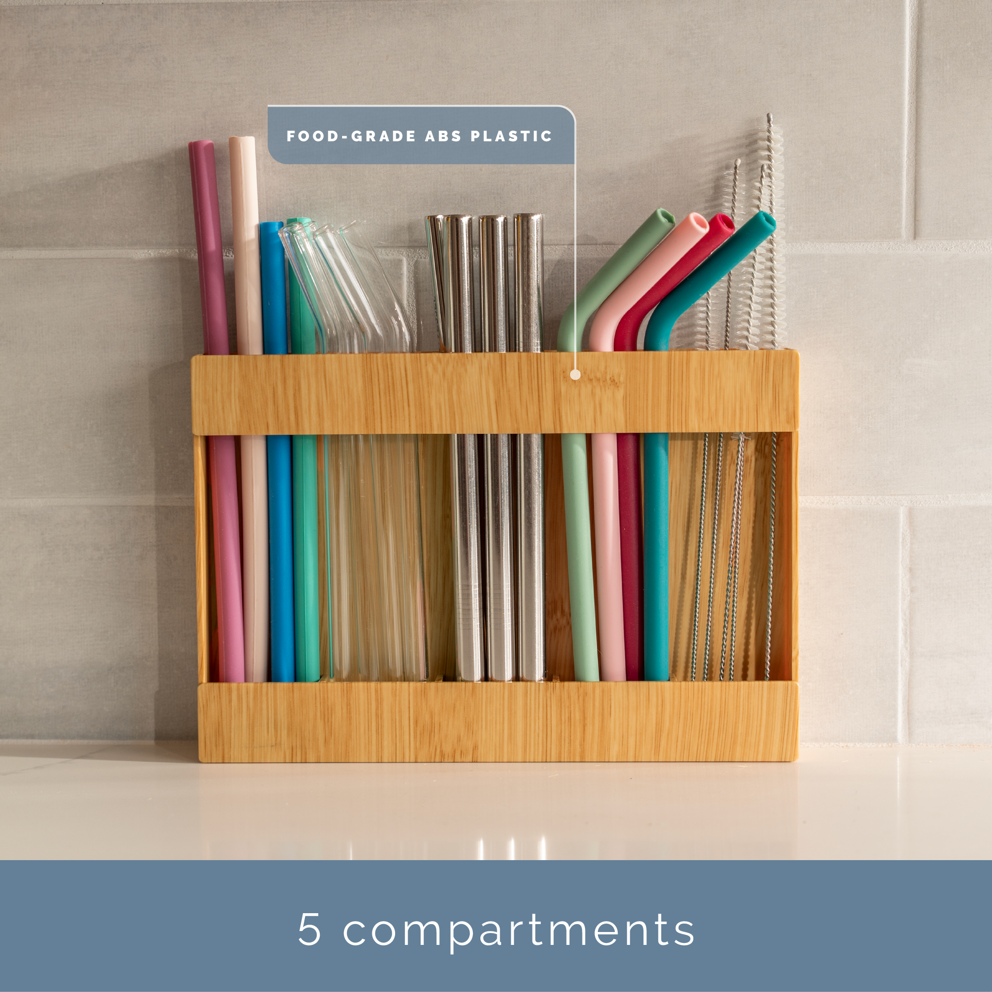 plastic straw holder with colorful straws on a tiled wall background