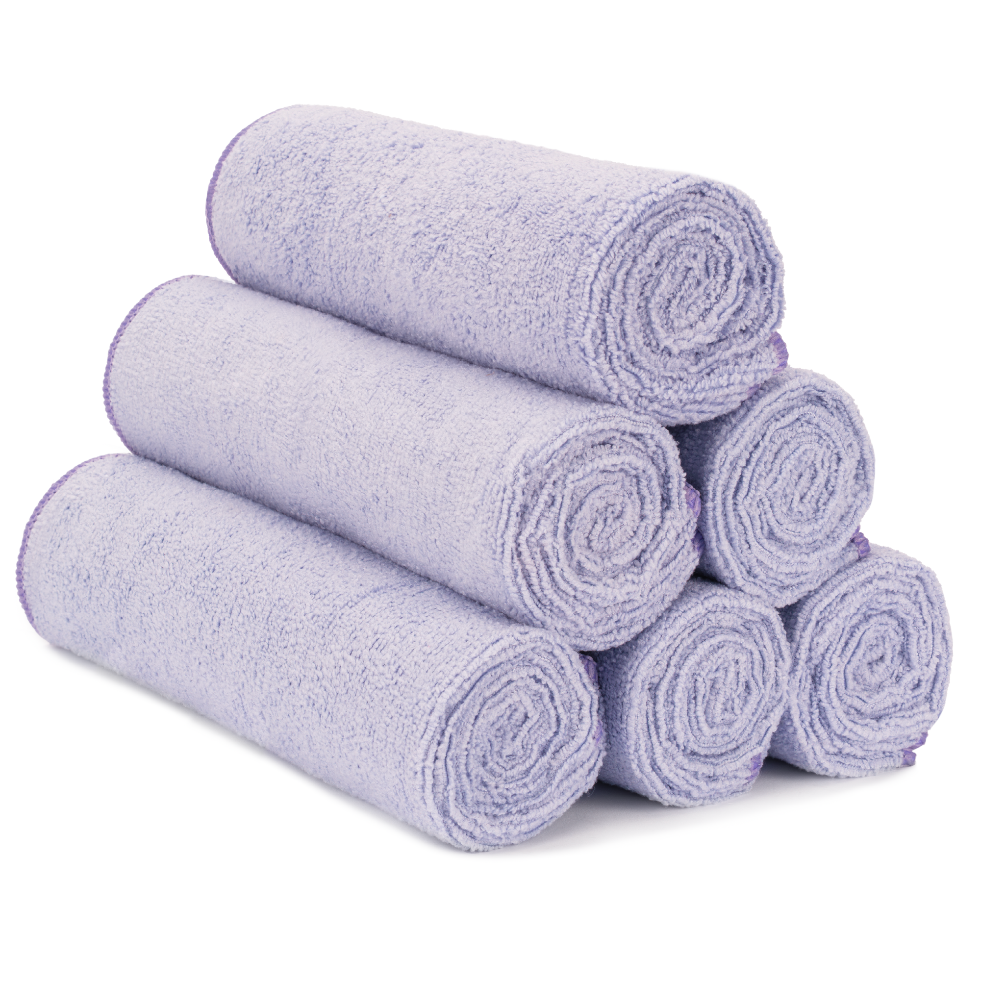 Stack of purple terry gym towels rolled and stacked