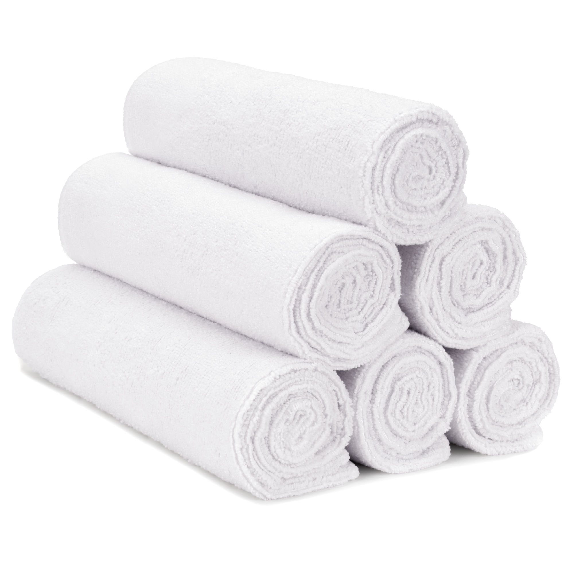 Stack of 6 white rolled exercise towels