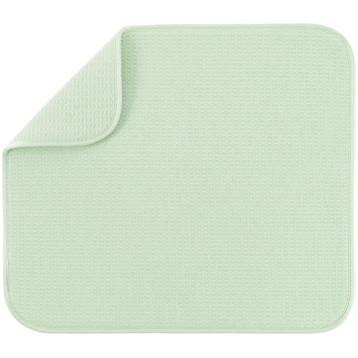 A mint green microfiber dish drying mat with rounded corners, shown with one corner folded over on a plain white background.