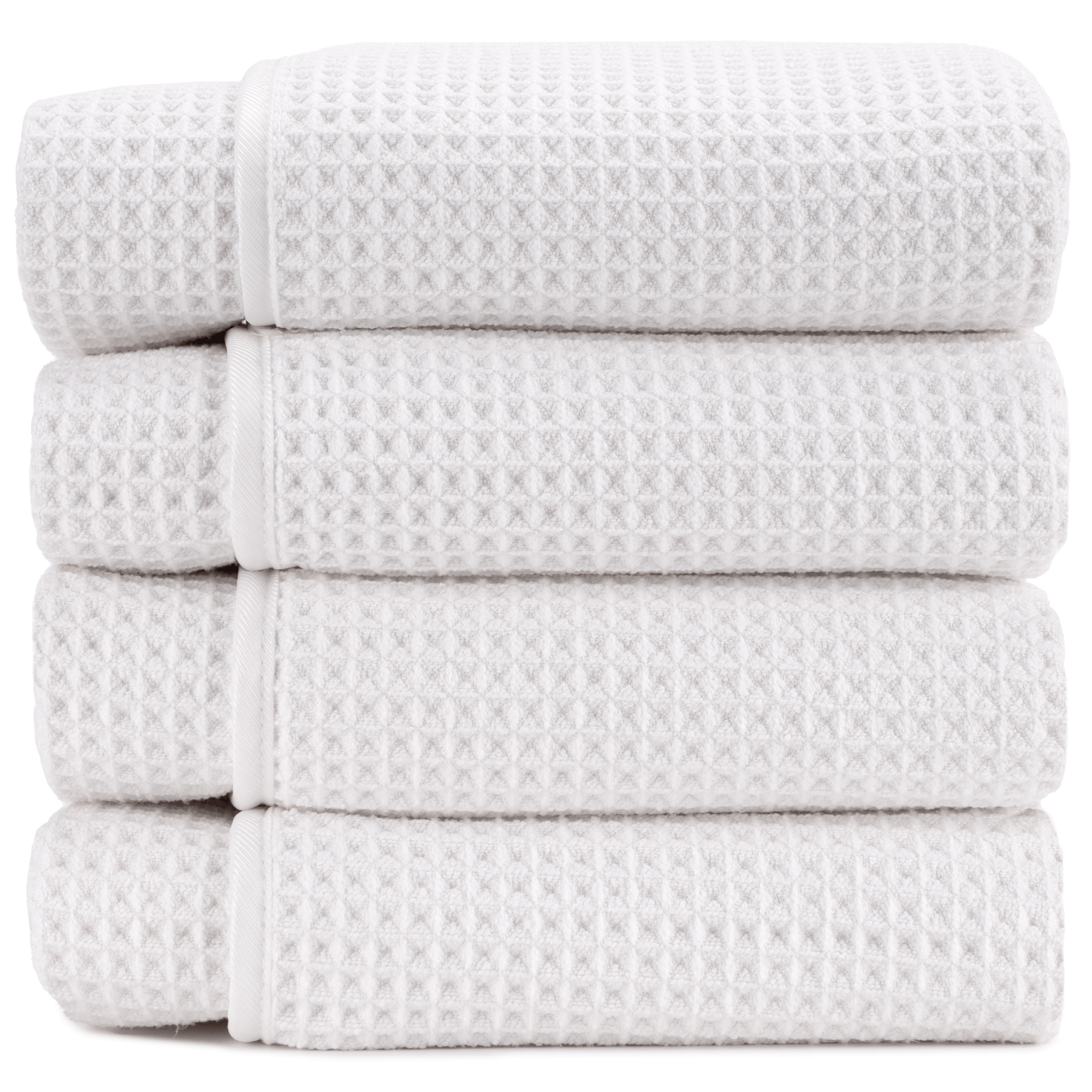 stack of 4 white waffle weave bath towels