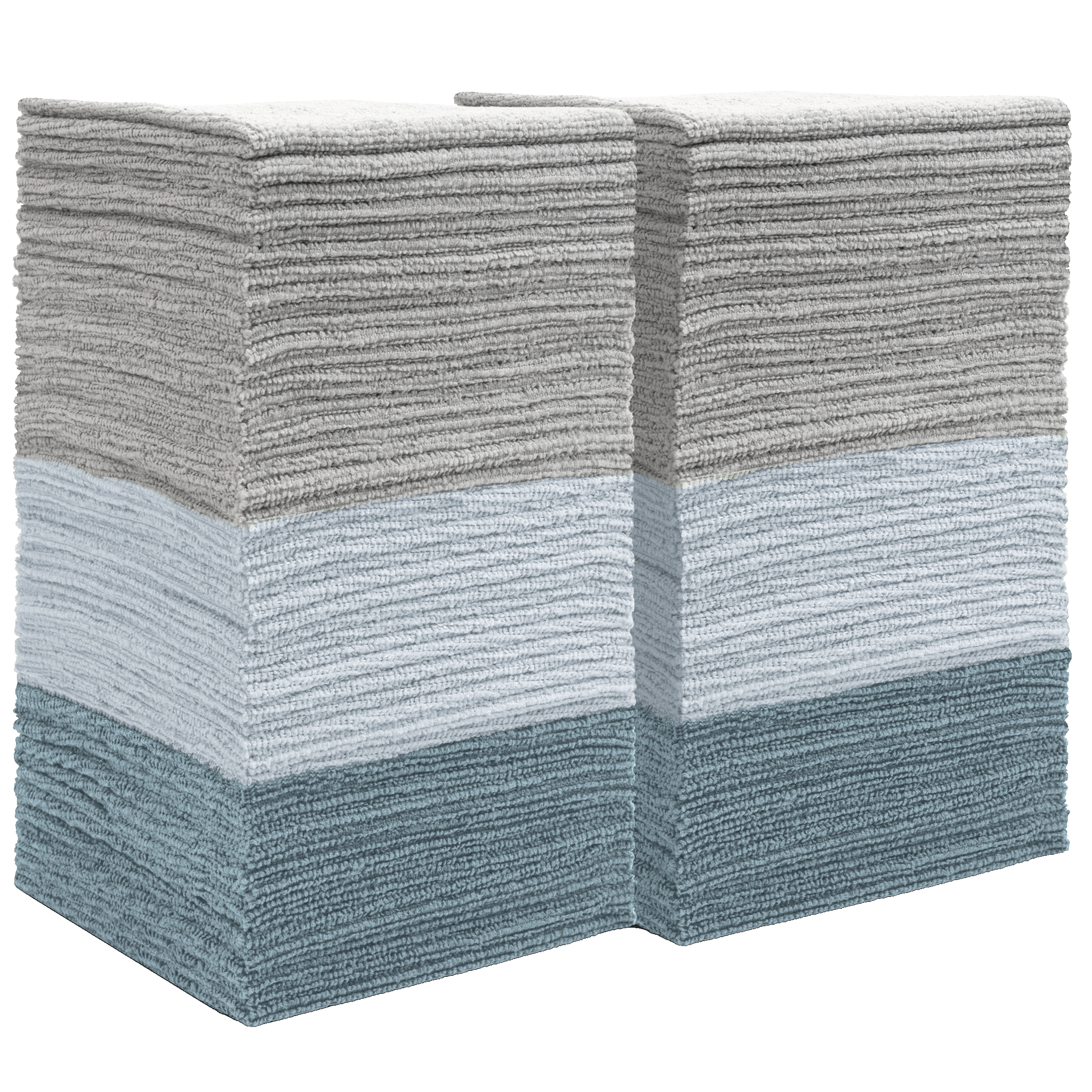 Stack of 100 microfiber cleaning cloths in 3 colors: grey, light blue and blue.