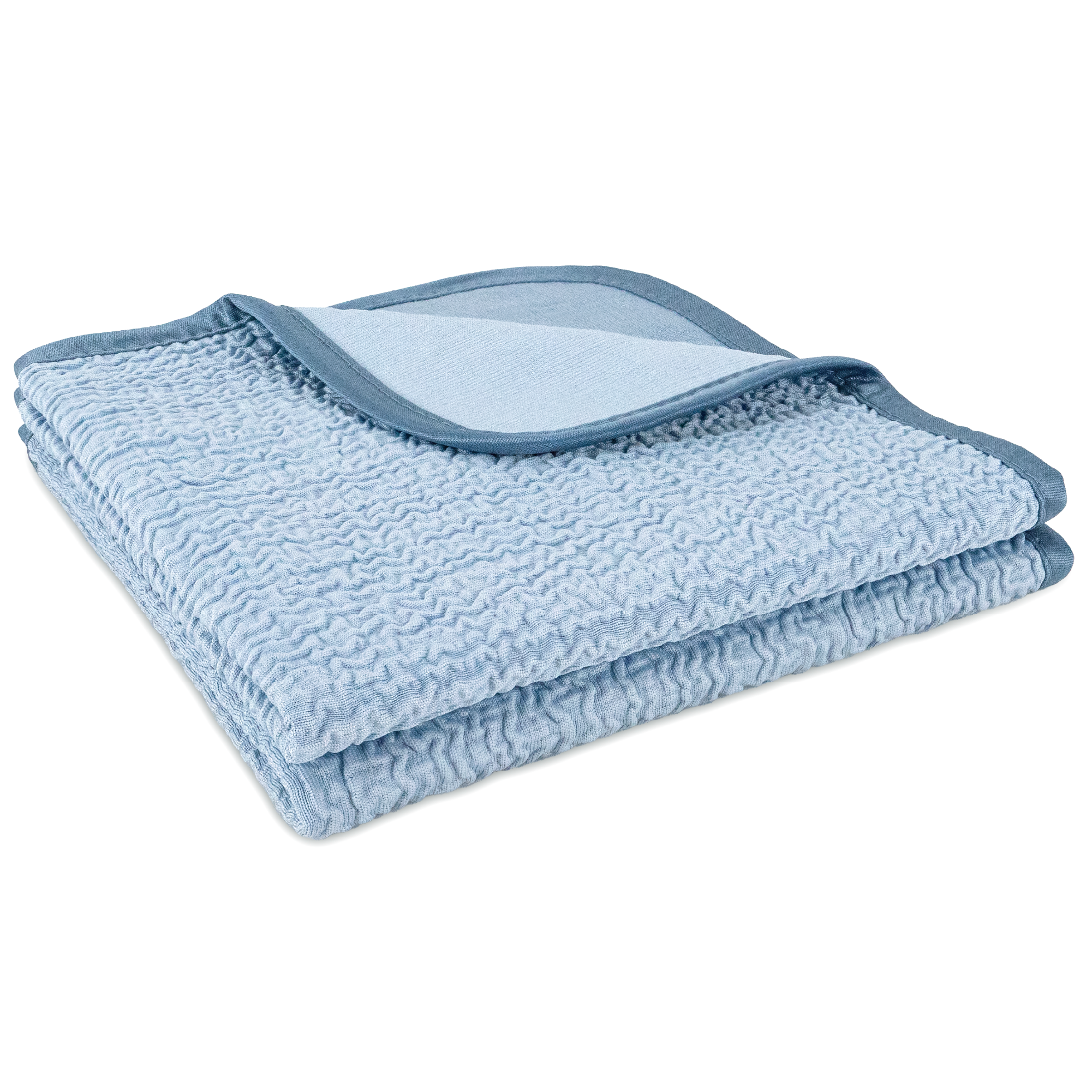 A folded light blue textured blanket with a dark blue trim, shown on a plain white background.