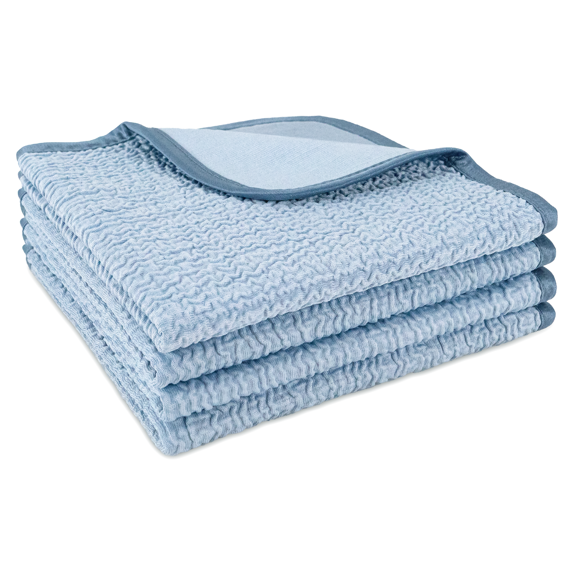 A stack of light blue textured microfiber cloths with a darker blue border, shown on a plain white background.