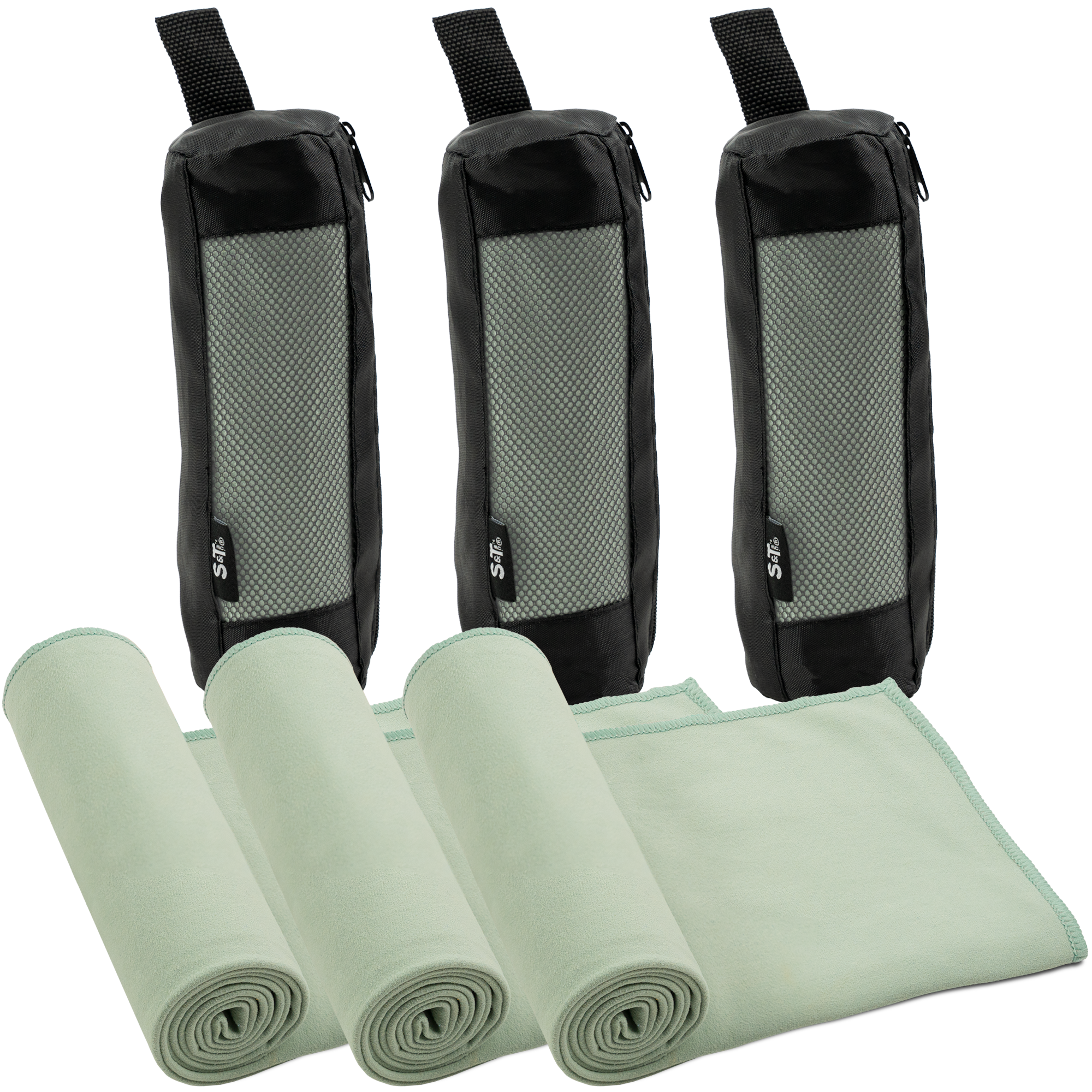 suede microfiber exercise towels + storage bags