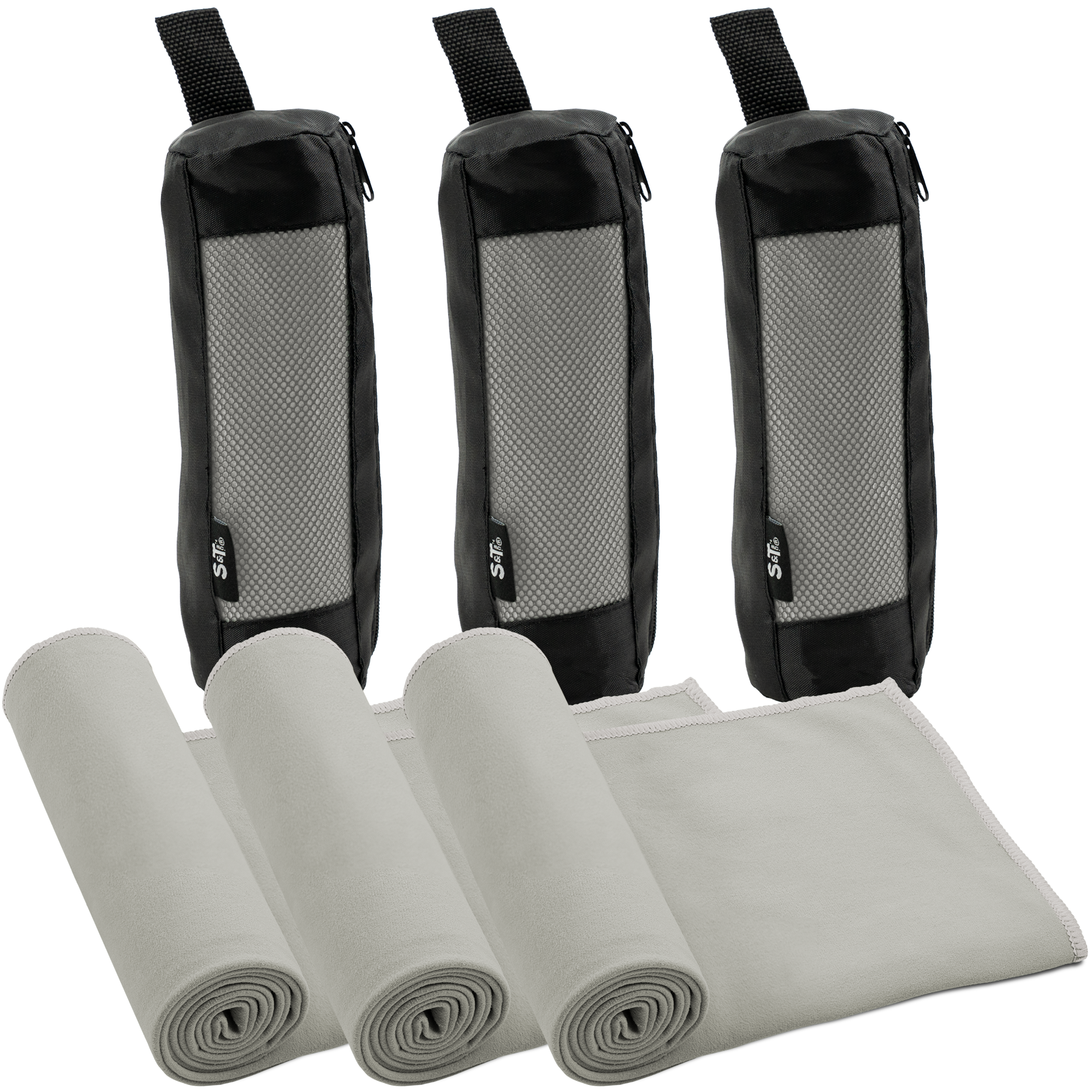 suede microfiber exercise towels + storage bags