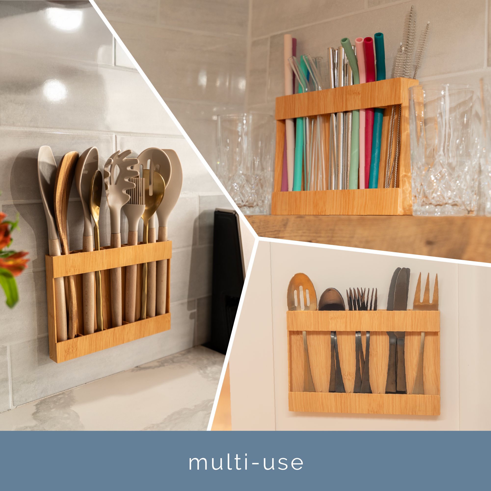 showing straw holder being used for cutlery, serve ware, cooking utensils as a multi-use item for the home