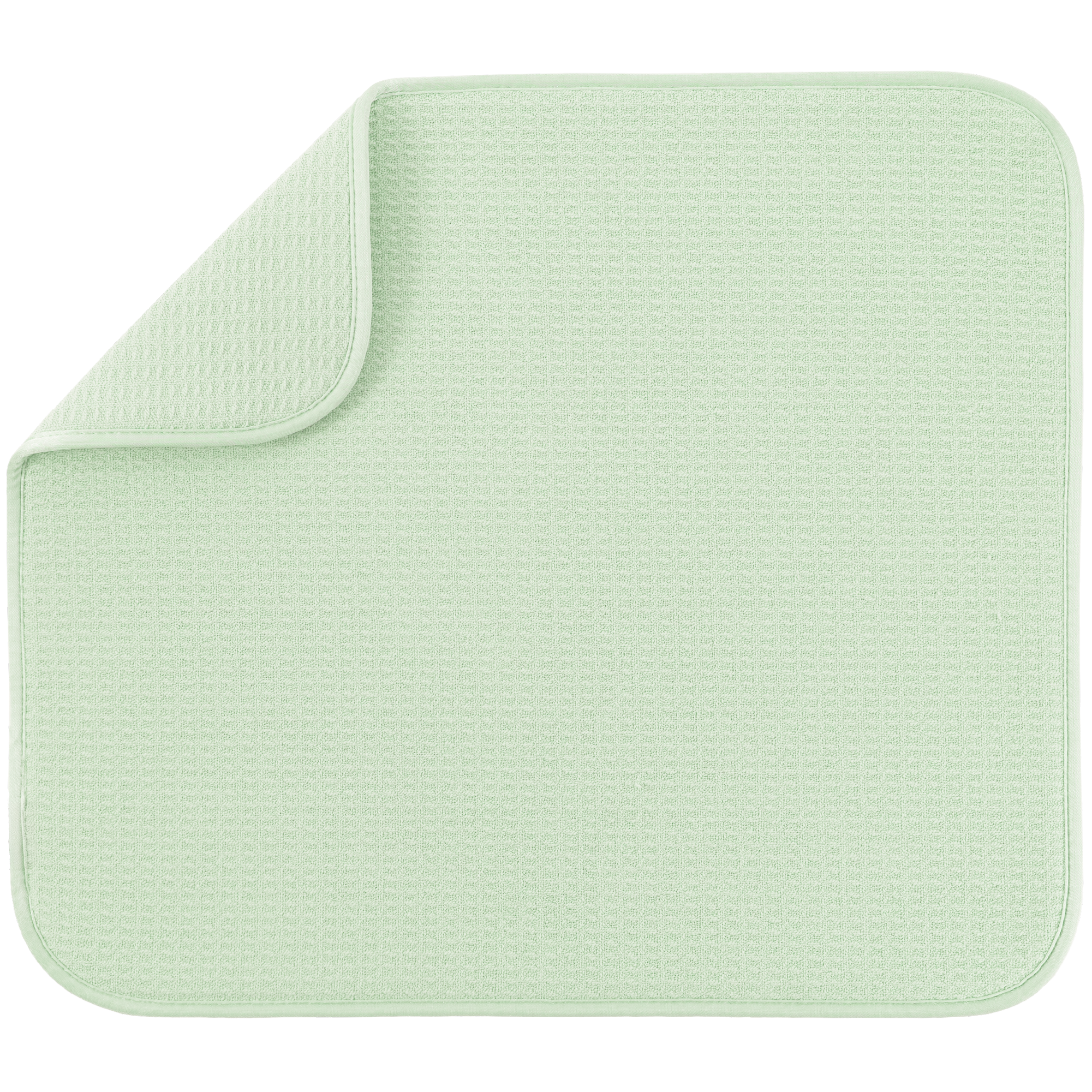 A mint green microfiber dish drying mat with rounded corners, shown with one corner folded over on a plain white background.
