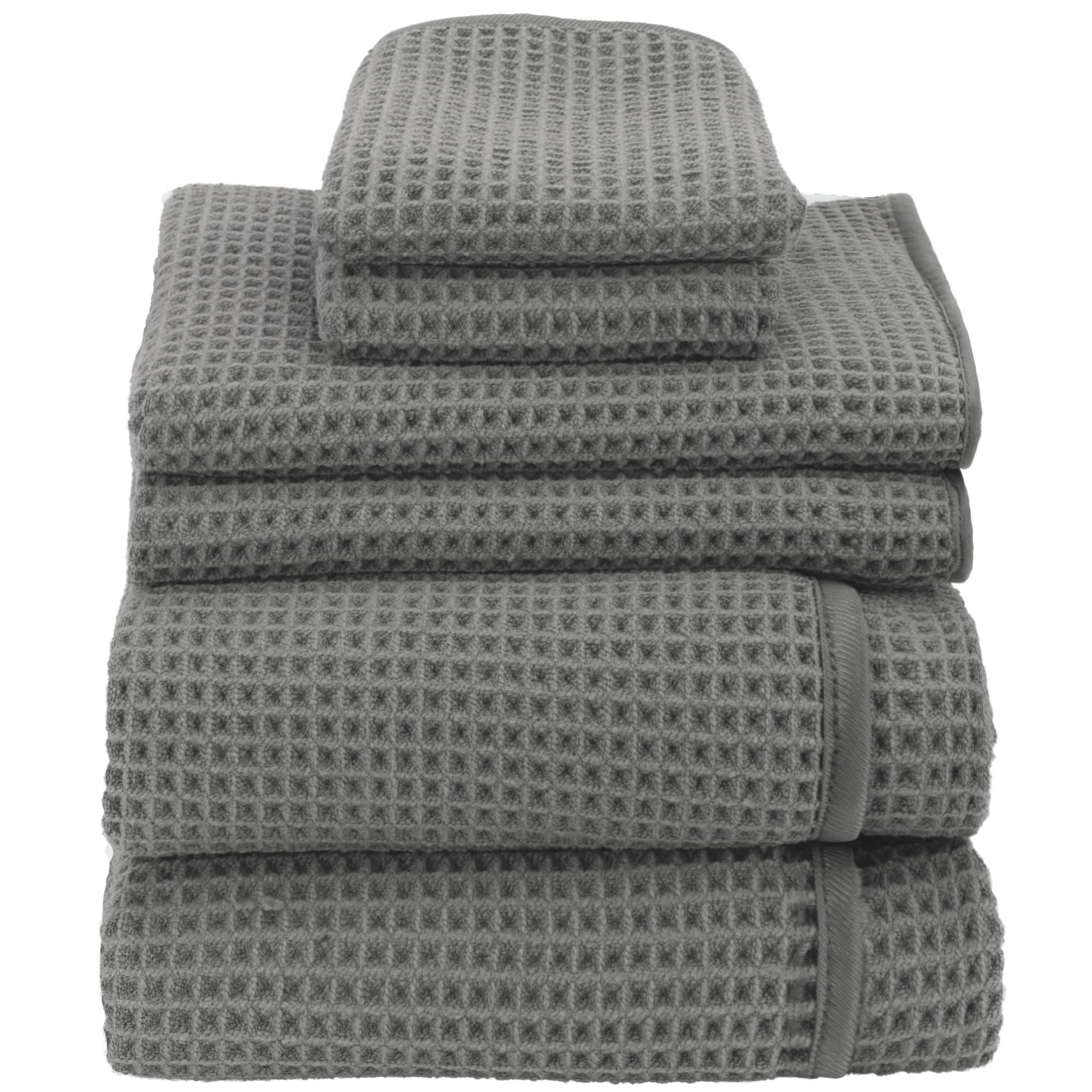 Stack of grey waffle weave towels - set includes 2 bath towels, 2 hand towels, and 2 wash cloths
