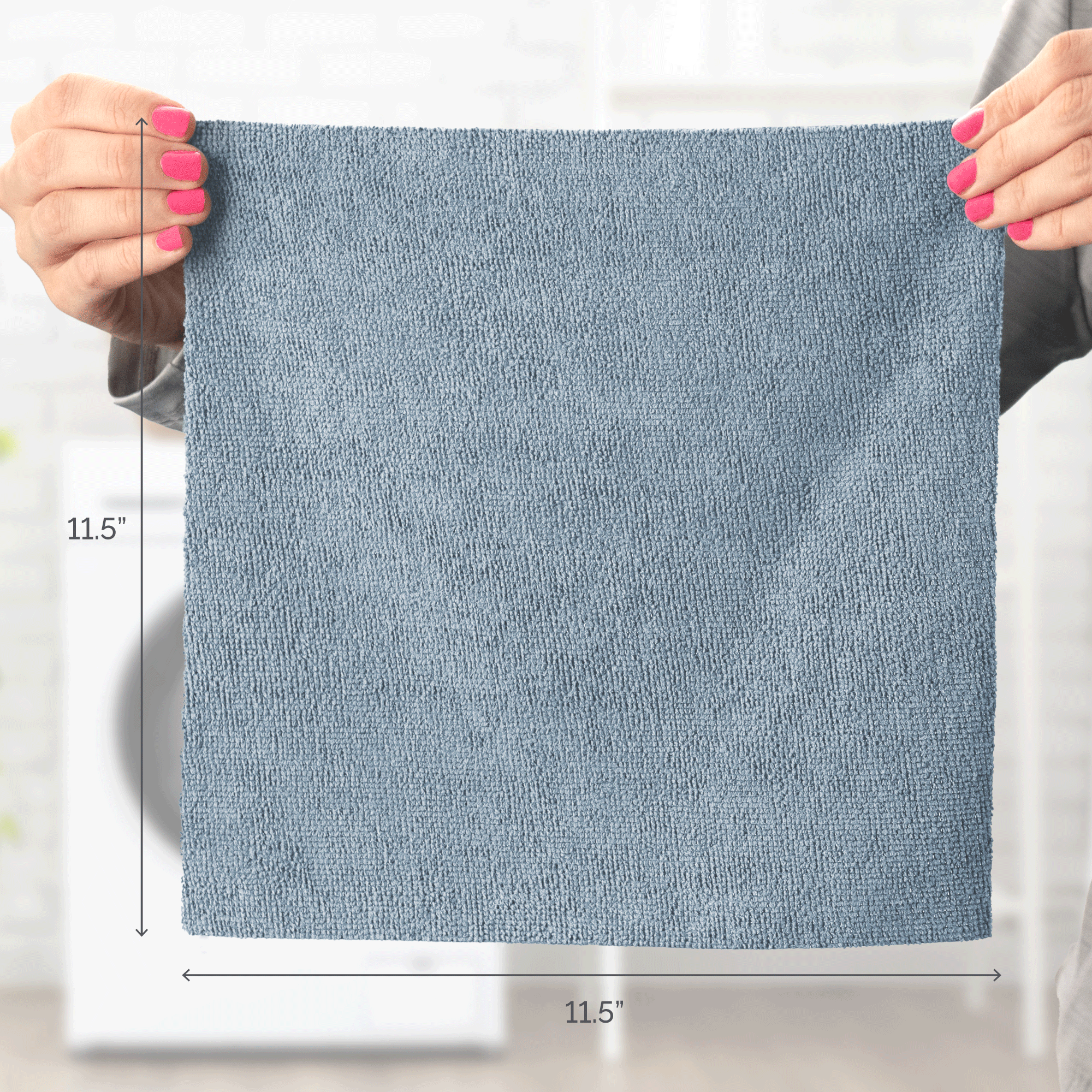 Microfiber cleaning cloth being held to show it's 11.5" x 11.5" size