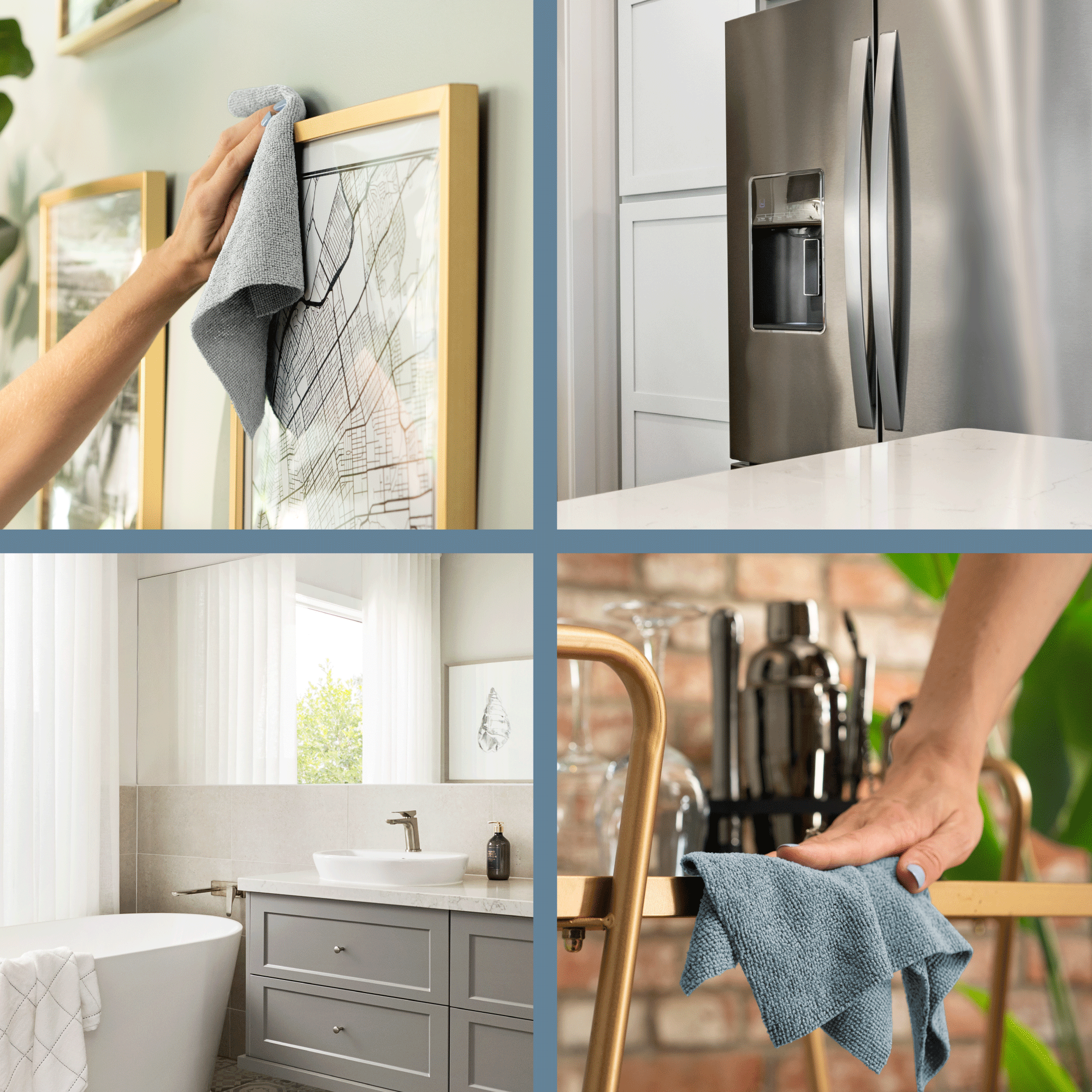 Collage of cleaning activities in different rooms because microfiber cleaning cloths are multi-purpose.