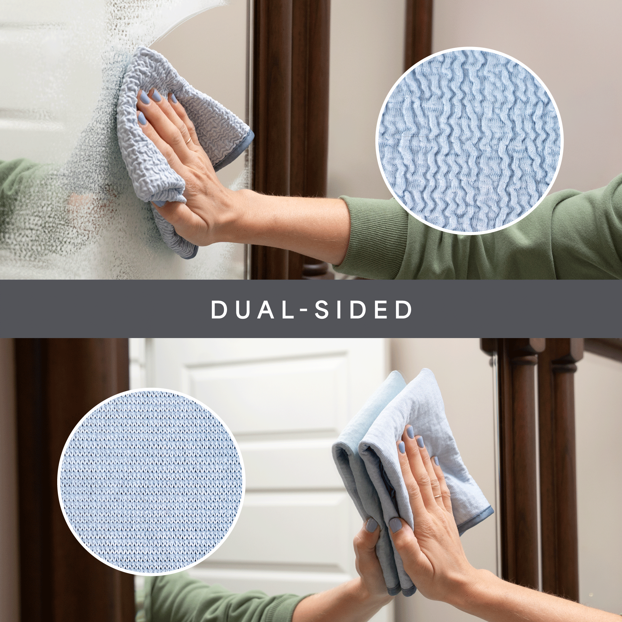 A dual-sided microfiber cleaning cloth shown being used on a glass door or window, with two circular close-ups of the fabric texture and a central label reading “DUAL-SIDED.” A person’s hands and arms are visible in a real indoor setting with a door and wooden trim.
